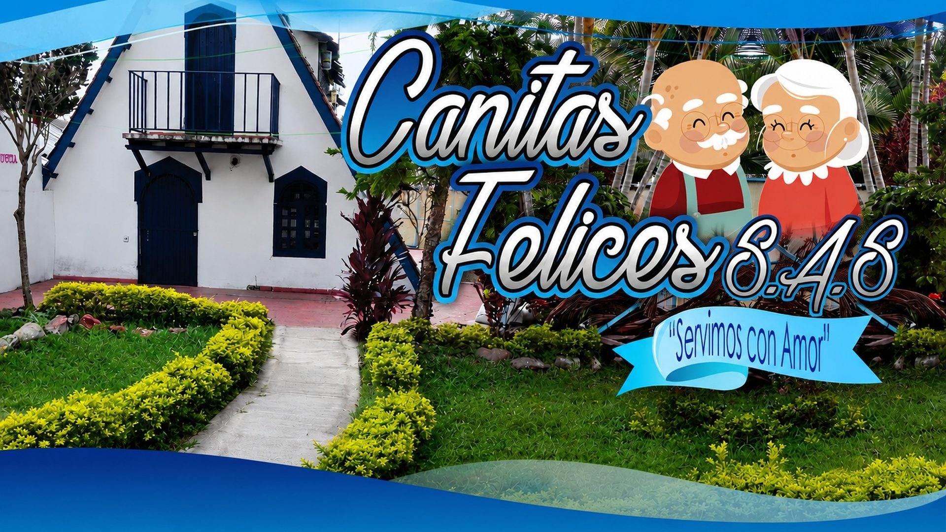 Adulto mayor sonriente acompañado de un cuidador de Hogar Canitas Felices en un jardín soleado